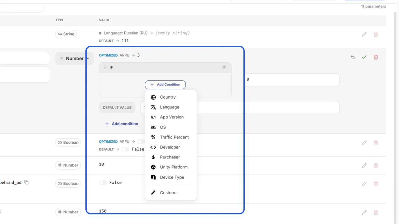 Conditions panel in optimization editor