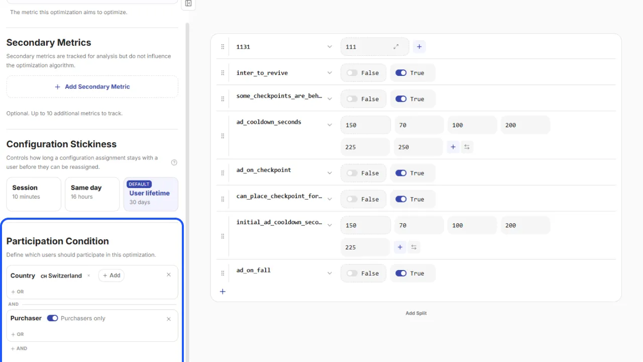 Optimization-level conditions panel