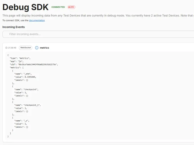 SDK debugger for real-time event monitoring