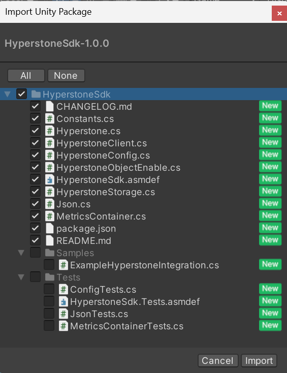 Unity Import Package window