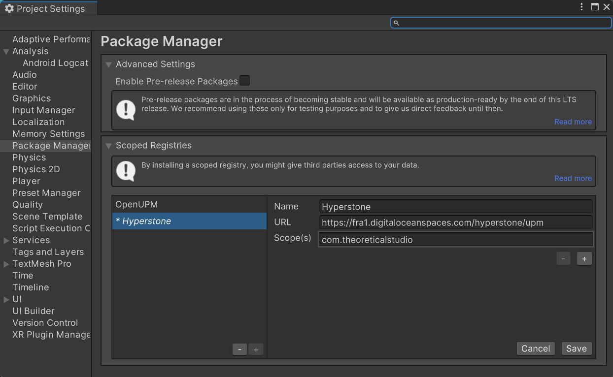 Unity Project Manager showing Scoped Repositories Config