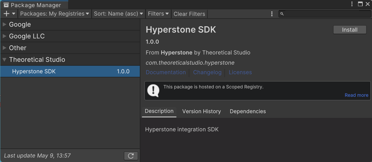 Unity Package Manager showing Hyperstone SDK
